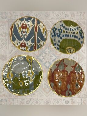 Pottery Barn Ikat Ceramic Lunch Plate Set of 4 Gold Color Rim Wavy Uzbek Suzani